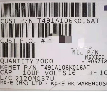 T491A106K016AT 铝电解电容 KEMET(基美) 封装3216 批次20+